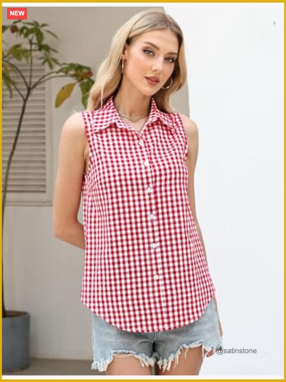 Women Cotton Gingham Button Down Blouse Slim Fit Sleeveless Top Shirt - Picture 3 of 7